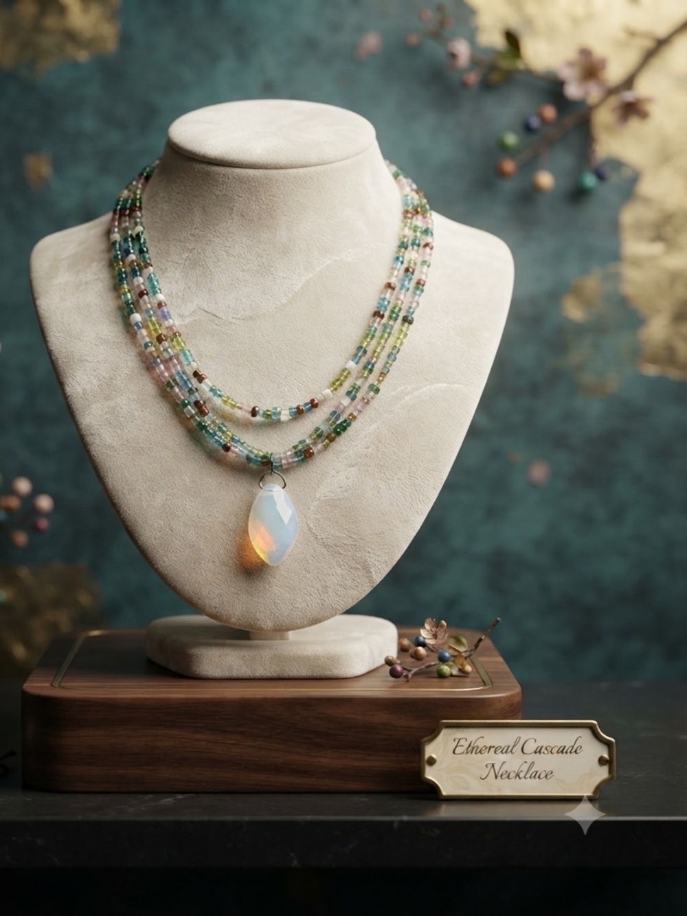 Vintage Multicolor Beaded Necklace with Opalite faceted Pendant